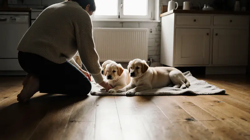Personne agenouillée, vue de dos, qui tend la main vers trois chiots dorés couchés sur une couverture dans une cuisine