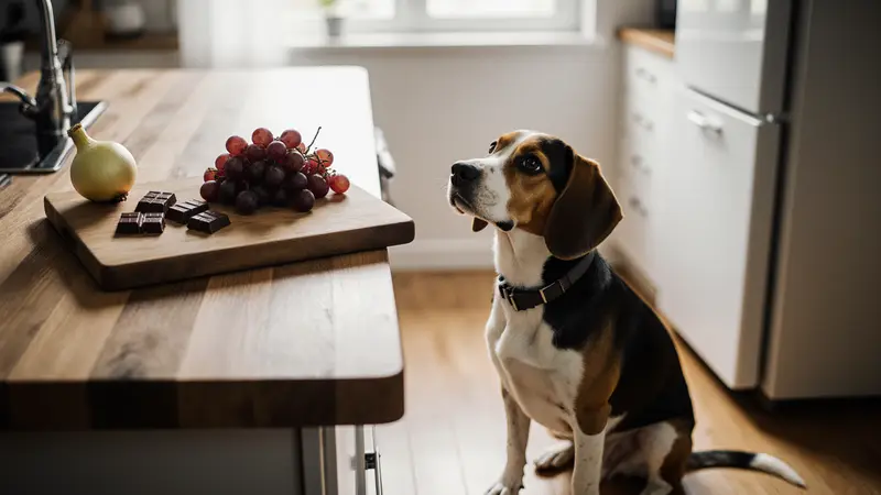 Beagle assis qui regarde un comptoir de bois où sont posés des raisins, un oignon et des carrés de chocolat