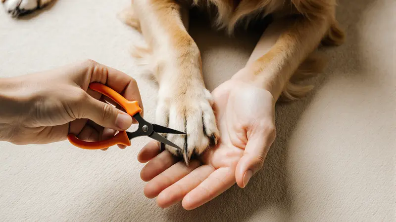 Patte de golden retriever posée dans une paume, avec un coupe-griffe orange approché du bout des griffes