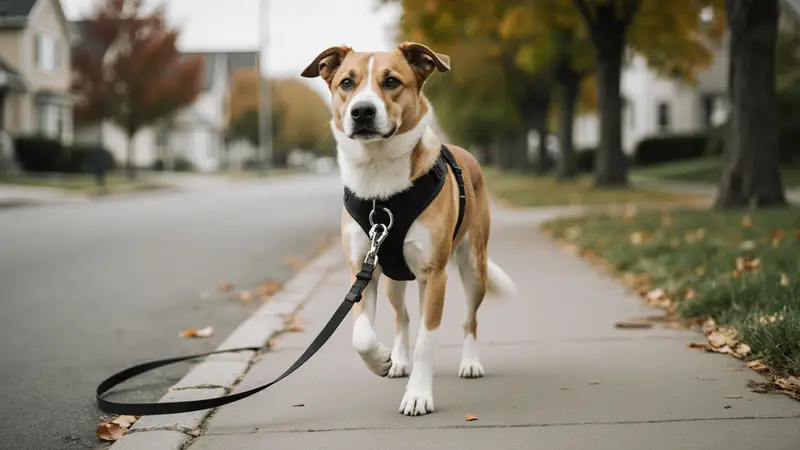 Chien croisé brun et blanc en harnais noir, la laisse attachée à l'anneau de poitrine, sur un trottoir en automne