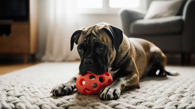 Boxer bringé couché sur un tapis de laine tressée, qui mâchouille une balle de caoutchouc rouge ajourée