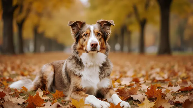 Chienne berger australien merle rouge couchée dans les feuilles d'érable d'un parc, qui regarde l'objectif