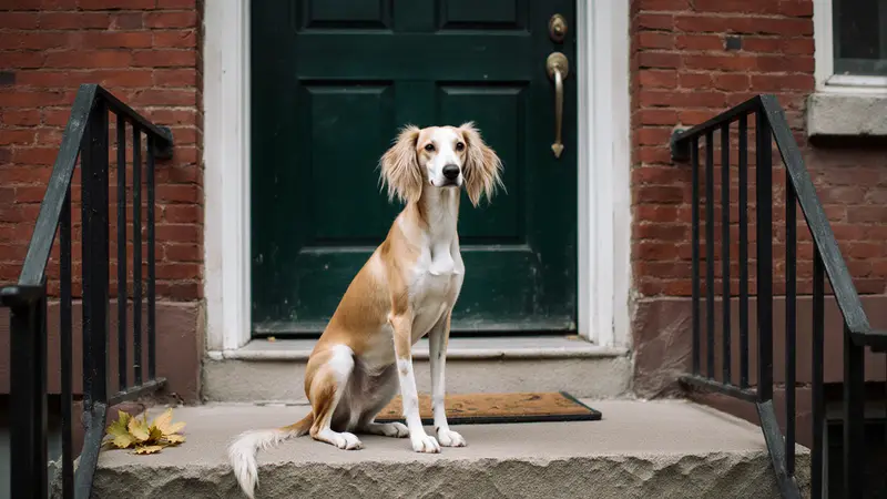 Chienne saluki fauve et blanche assise sur le perron de pierre d'une maison de briques, devant une porte verte