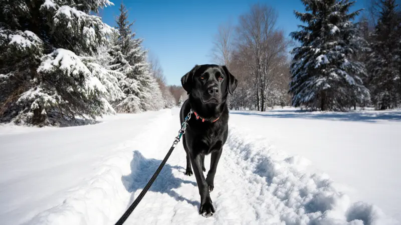 Labrador noir en laisse sur un sentier enneigé bordé d'épinettes, sous un ciel bleu d'hiver