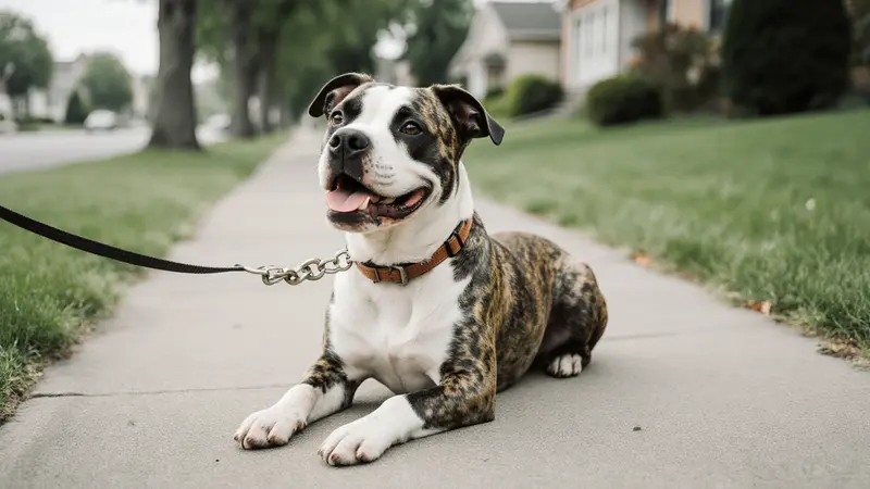 Chien de type staffordshire bringé et blanc, détendu et souriant, en laisse sur un trottoir de banlieue